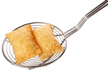 escumadeira com pastel de feira isolado em fundo transparente