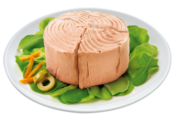 prato com atum acompanhado de salada de folhas verdes e azeitona isolado em fundo transparente