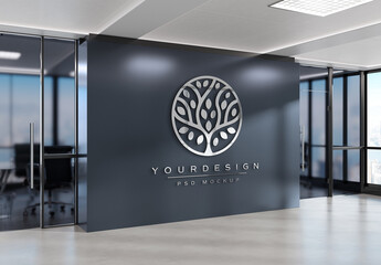 Logo Mockup On Office Wall With Metal Effect