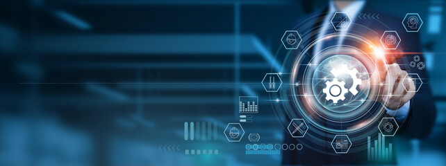 Engineering Excellence, Businessman pointing icon with Integration and Fusion of Technology, and Strategies for Sustainable Development in the Modern Technological Landscape of the Global Network.