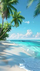 Tranquil Tropical Beach Scene with Swaying Palm Trees and Turquoise Waters