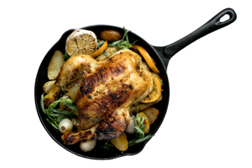 Sunday roast chicken png mockup with potatoes holiday meal