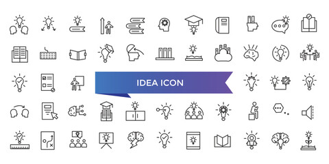 Fototapeta na wymiar Idea icon collection. Creative idea, brainstorming, solution, thinking and innovation icons set. Lightbulb with brain symbol vector illustration.