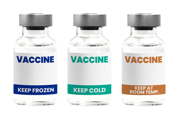 Different types of COVID-19 vaccine in glass vial bottles png with different storage temperature...