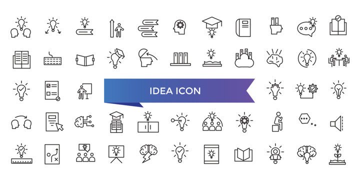Idea icon collection. Creative idea, brainstorming, solution, thinking and innovation icons set. Lightbulb with brain symbol vector illustration.