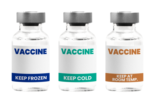 Different types of COVID-19 vaccine in glass vial bottles png with different storage temperature condition label