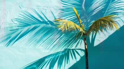 Fototapeta na wymiar summer 3D background. summer minimal modern concept, bright blue background with palm tree and sunlight shadows. copy space