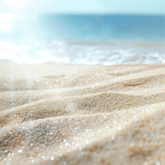 close-up of sparkling sand on the ocean shore with a foaming wave in the bright sun, background for summer product presentation
