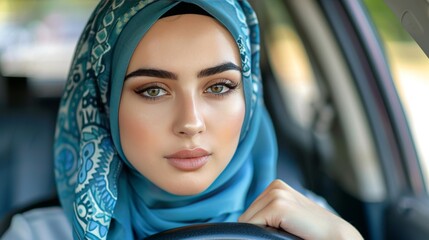 Middle eastern woman in turban driving car, symbolizing diversity and healthy lifestyle - obrazy, fototapety, plakaty