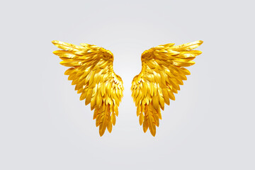 Gold feathers adorn gilded angel wings against a white backdrop