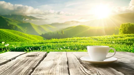 Rollo Green tea cup on lush mountain tea plantation with ample space for text placement in serene scenery © Ilja