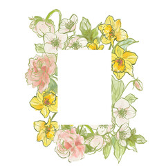 Oil painting abstract frame of narcissus, peony and jasmine. Hand painted floral composition isolated on white background. Illustration for design, print, fabric or background. - 789331783