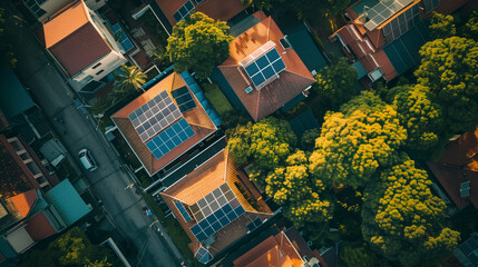 A city street with a row of houses and a few trees. The houses are all different sizes and have different roofs. The street is lined with trees and has a few cars parked along the side