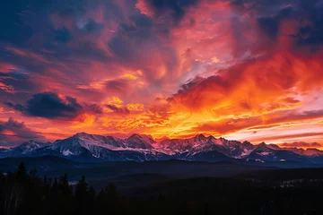 Stof per meter breathtaking sunset over majestic mountains vibrant orange and pink hues painting the sky © Lucija