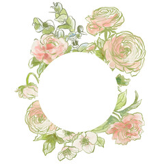 Oil painting abstract frame of ranunculus, rose, jasmine and eucalyptus. Hand painted floral composition isolated on white background. Illustration for design, print, fabric or background. - 789332307