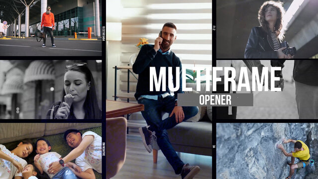 Multiframe Urban Media Opener template contains 22 editable text layers, 60 media placeholders and 1 logo placeholder. Avalibla in 4K resolution.