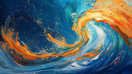 A vibrant clash of tangelo orange and peacock blue, with a golden glitter wave that energizes the soul.  - obrazy, fototapety, plakaty