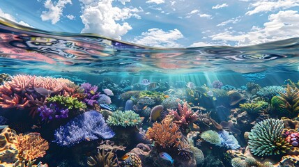 Vibrant Coral Reef Teeming with Diverse Marine Life in Crystal Clear Turquoise Waters