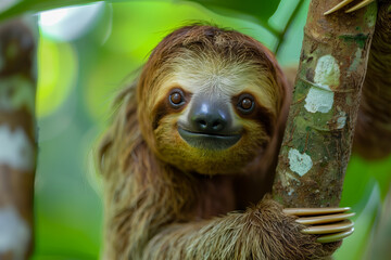 Fototapeta premium Funny sloth hanging on tree branch, cute face look, perfect portrait of wild animal in the rainforest scratching the belly, Bradypus variegatus, brown-throated three-toed sloth, relaxed