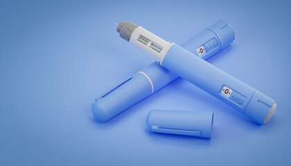 Two dosing pens of a fictitious Semaglutide drug used for weight loss (antidiabetic or anti-obesity medication) on a blue background.
