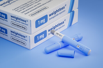 Two packages of a fictitious Semaglutide drug used for weight loss (antidiabetic or anti-obesity...