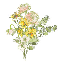 Oil painting abstract bouquet of ranunculus, narcissus, jasmine and eucalyptus. Hand painted floral composition isolated on white background. Holiday Illustration for design, print or background.