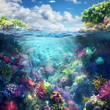 Vibrant Underwater Coral Reef Teeming with Diverse Marine Life and Enchanting Colors in a Crystal Clear Tropical Ocean Scene