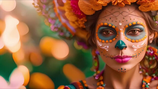 Dia de Muertos: Vibrant Celebration Portrait. Concept Colorful Decor, Festive Makeup, Bright Flowers, Traditional Outfits, Cultural Celebrations
