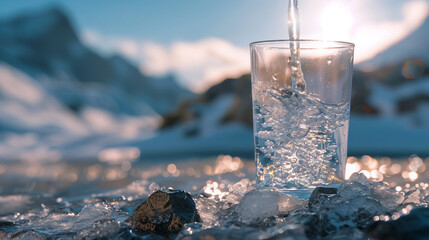 Crystal Clear Water Glass in a Sunny Snowy Mountain Landscape