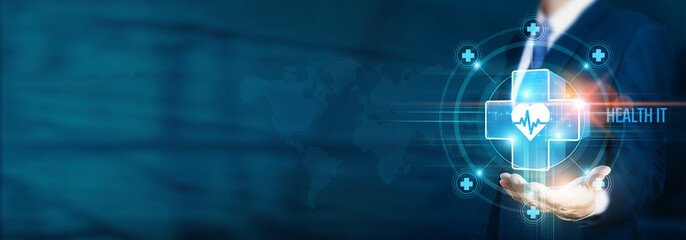 Businessman hand-holding health IT icons with innovation, technology, and network connections. Driving the growth of healthcare solutions and fostering a connected and efficient health IT business.