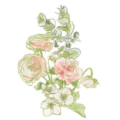 Oil painting abstract bouquet of ranunculus, jasmine and eucalyptus. Hand painted floral composition isolated on white background. Holiday Illustration for design, print, fabric or background. - 789334106