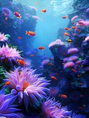 Fototapeta na wymiar Vibrant Underwater Garden of Swaying Sea Anemones and Diverse Marine Life