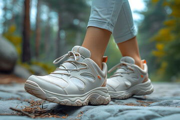 Naklejka premium Close-up Shoes of woman Hiking in the Great Outdoors 