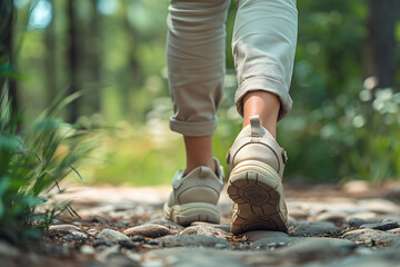 Close-up Shoes of woman Hiking in the Great Outdoors 
