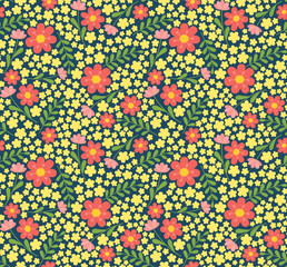Seamless colorful pattern with cute flowers and leaves. Vector cartoon backdrop in flat style