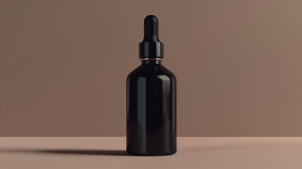 Mock up of Elegant Black Glass Dropper Bottle on Neutral Background