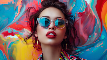 Stylish Young Woman Posing with Colorful Abstract Background
