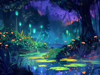 Obraz premium Whimsical Bioluminescent Landscape in an Enchanted Forest at Twilight