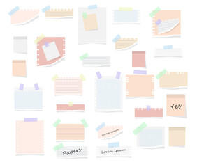 Paper notes on stickers, notepads and memo messages torn paper sheets. White and colorful striped note, copybook, notebook sheet. Office and school stationery, memo stickers. Vector illustration.
