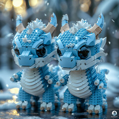 2 Various adorable Lego dragon figures with holiday decorations, isometric view, realism drawn in 3D blue watercolors, glossy and wet look, hyper-realistic photography,