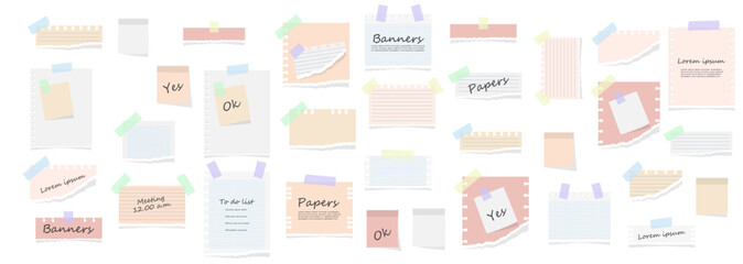 Paper notes on stickers, notepads and memo messages torn paper sheets. White and colorful striped note, copybook, notebook sheet. Office and school stationery, memo stickers. Vector illustration.
