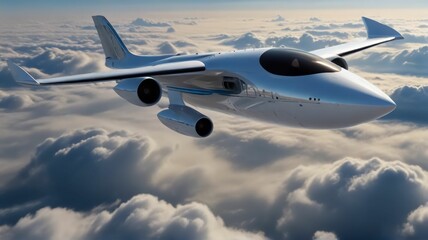Obraz premium A futuristic hydrogen powered airplane flying above the clouds representing the next generation of sustainable air travel