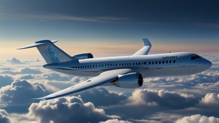 A futuristic hydrogen powered airplane flying above the clouds representing the next generation of sustainable air travel