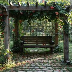 A wooden bench sits in a garden under a pergola covered in climbing roses.