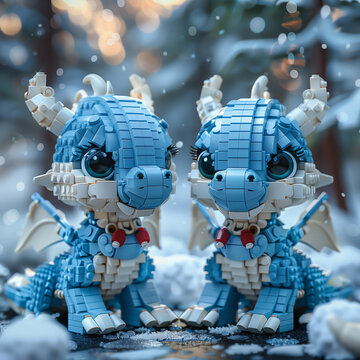 2 different adorable Lego dragon figures with holiday decorations, isometric view, realism painted with blue 3D watercolors, glossy and wet look, hyper realistic photos,