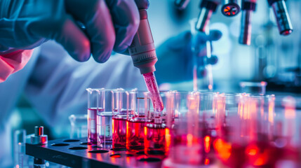 Scientists conduct experiments by holding a test tube with red liquid in their hands and adding from a pipette. Development of new drugs. Science concept.