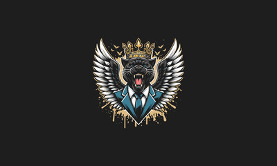 panther roar wearing suite and crown with wings vector artwork design