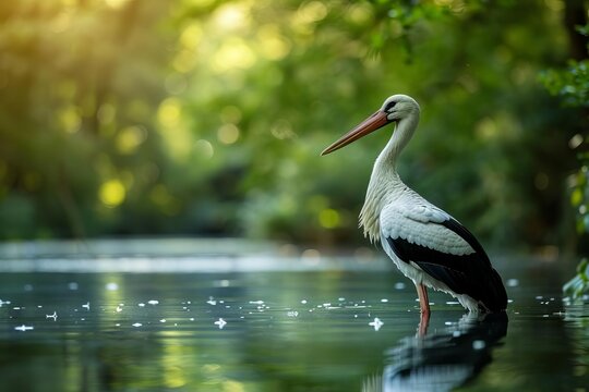 closeup portrait of a majestic stork in a serene forest lake wildlife photography