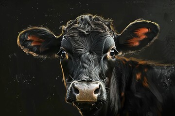 closeup portrait of cute veal cow on black background animal face digital painting - obrazy, fototapety, plakaty
