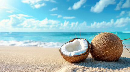 Fototapeta na wymiar tropical beach background with coconut on the sand. banner for summer vacation concept. blue sky over ocean with copy space area